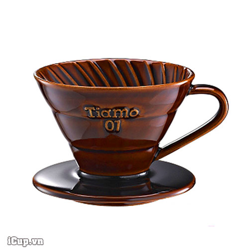 Phễu lọc cà phê V60 bằng gốm tráng men nâu Cafede Tiamo size 01
