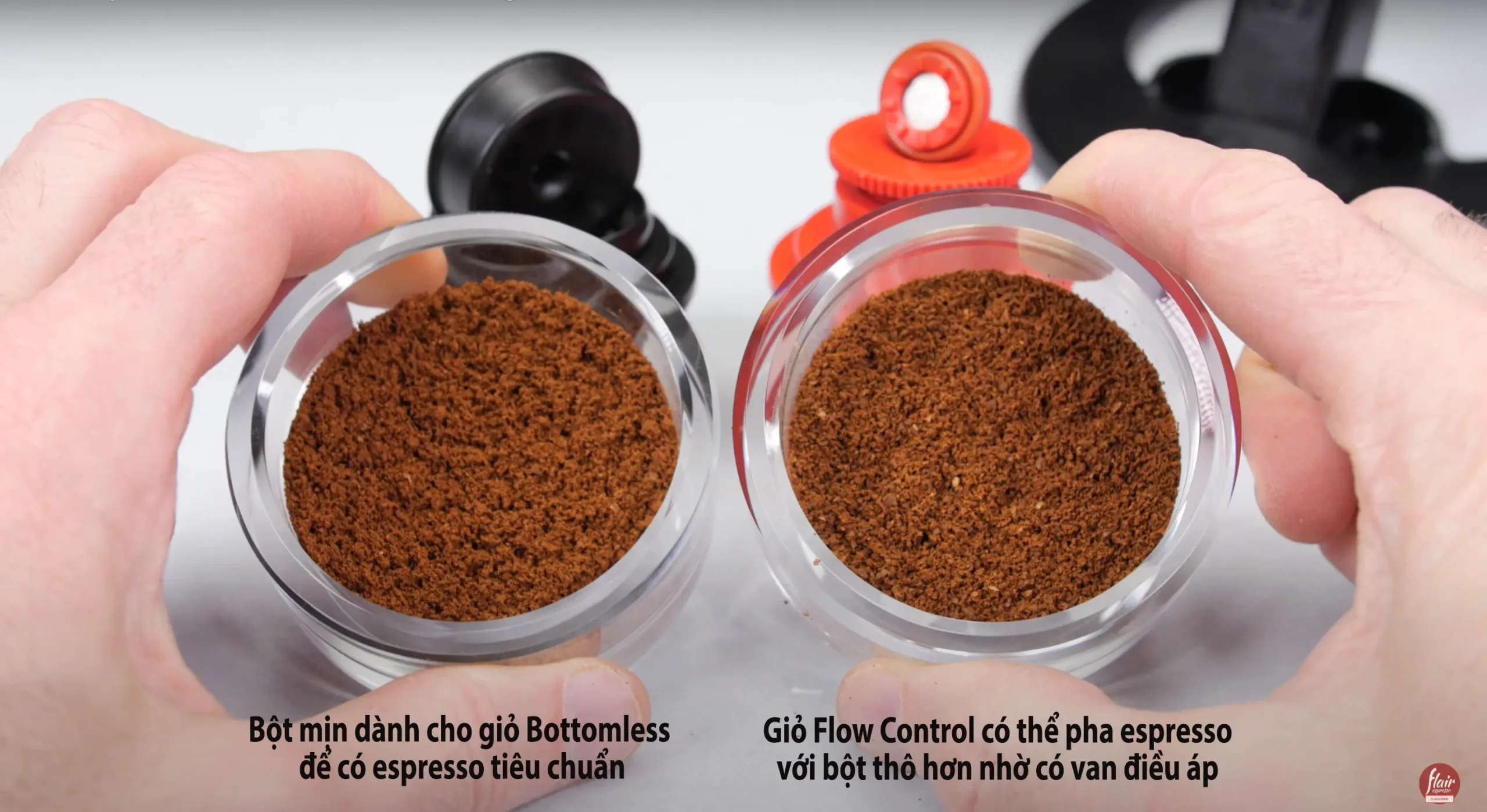 Tương quan 2 kích thước bột cà phê phù hợp với 2 loại giỏ lọc khác nhau của Flair Neo Flex