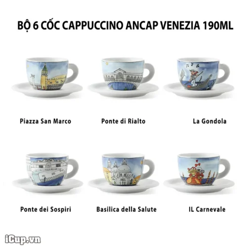 Bộ 6 cốc cappuccino ancap venezia 190ml