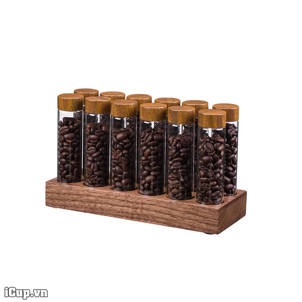 Bộ 12 ống thủy tinh đựng 20-22g cà phê kèm khay gỗ óc chó Bộ 12 ống thủy tinh đựng 20-22g cà phê kèm khay gỗ óc chó