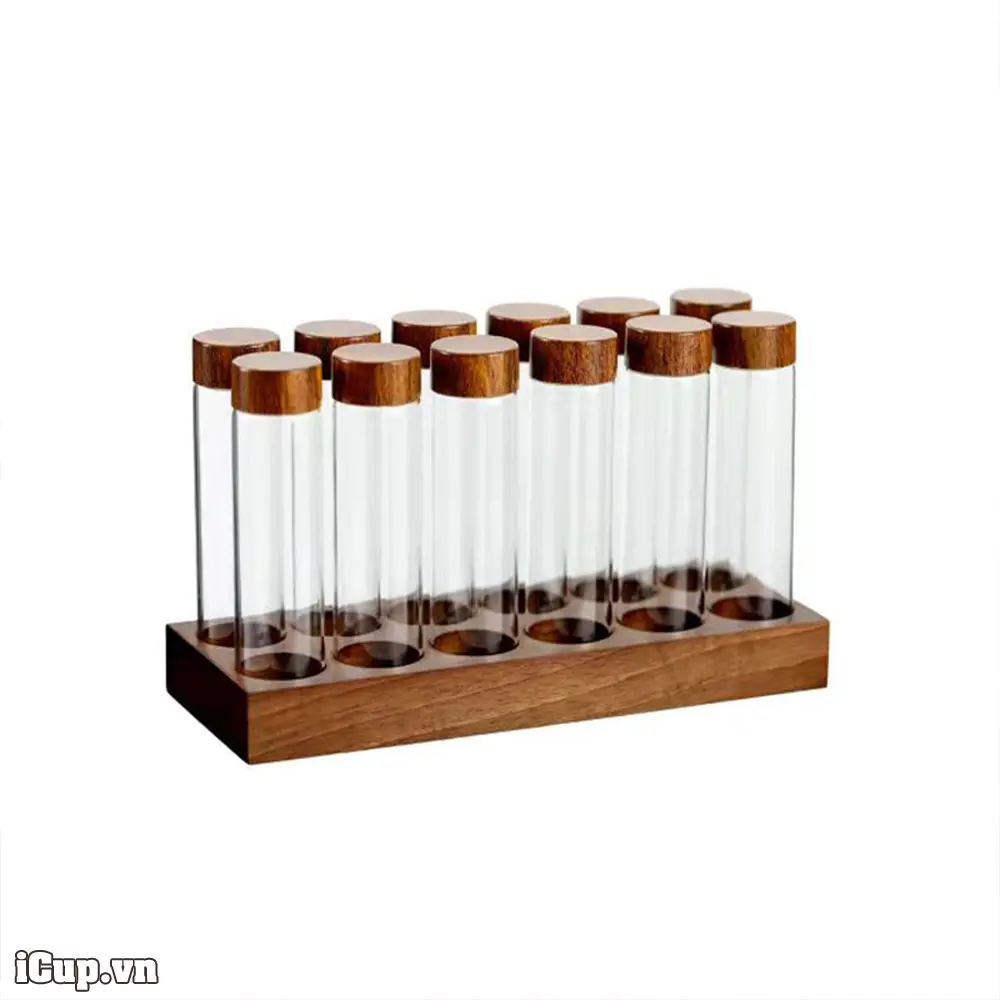 Bộ khay gỗ óc chó và 12 lọ thủy tinh chứa cà phê Bộ khay gỗ óc chó và 12 lọ thủy tinh chứa cà phê
