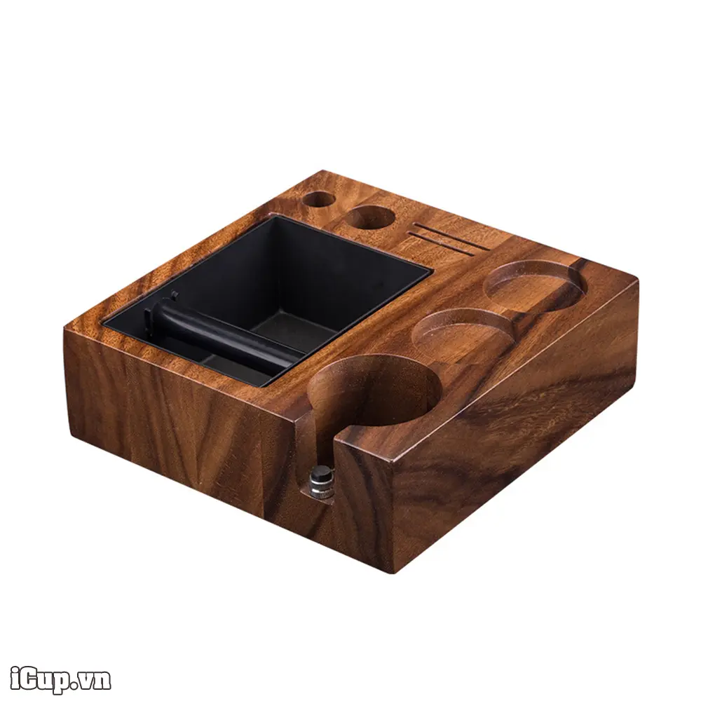 Giá đỡ tamper bằng gỗ óc chó kèm khay đập bã cà phê Giá đỡ tamper bằng gỗ óc chó kèm khay đập bã cà phê