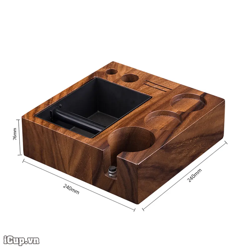 Kích thước giá đỡ tamper kèm khay đập bã cà phê bằng gỗ óc chó Kích thước giá đỡ tamper kèm khay đập bã cà phê bằng gỗ óc chó