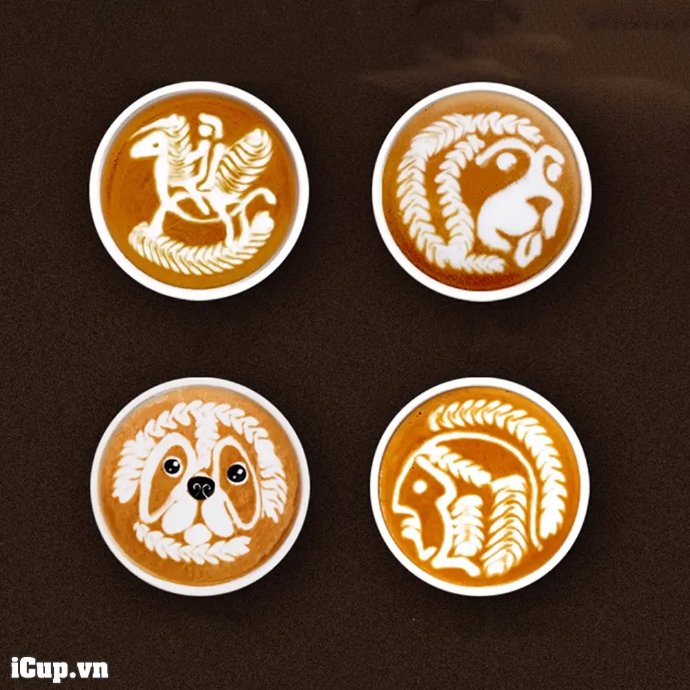 Những cốc latte với nhiều hình vẽ sắc nét tạo bởi ca Timemore Rosetta